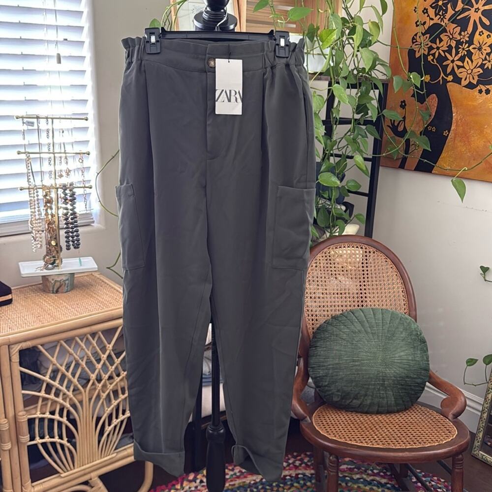 NWT Zara Army Green Side Gathered Grunge Surplus Cargo Utility Trouser Pants